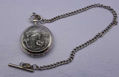 A.E Williams Pewter front Quartz pocket Watch on Chain -Working -New Battery-in box