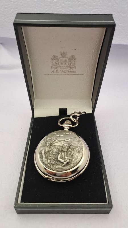 A.E Williams Pewter front Quartz pocket Watch on Chain -Working -New Battery-in box