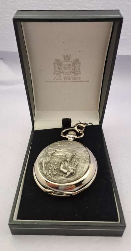 A.E Williams Pewter front Quartz pocket Watch on Chain -Working -New Battery-in box