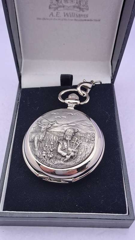 A.E Williams Pewter front Quartz pocket Watch on Chain -Working -New Battery-in box
