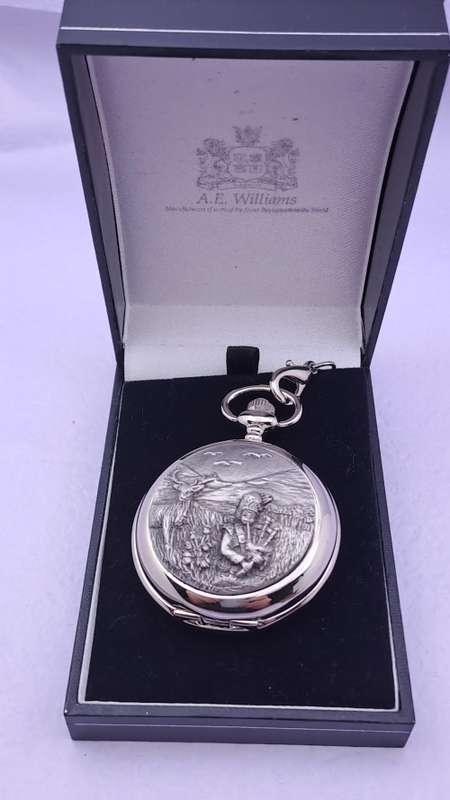 A.E Williams Pewter front Quartz pocket Watch on Chain -Working -New Battery-in box