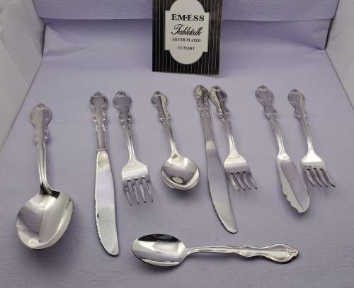 Vintage unused 112pc EM-ESS Silver Plated Cutlery set (very High Quality) in wooden box 12 of each