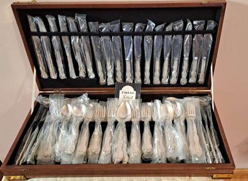 Vintage unused 112pc EM-ESS Silver Plated Cutlery set (very High Quality) in wooden box 12 of each