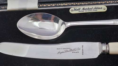 1944 Sterling Silver Hallmarked Christening Cutlery set -Boxed - excellent-Berlingham England.