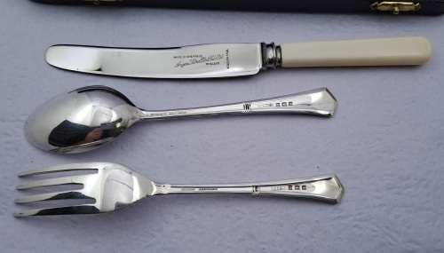 1944 Sterling Silver Hallmarked Christening Cutlery set -Boxed - excellent-Berlingham England.