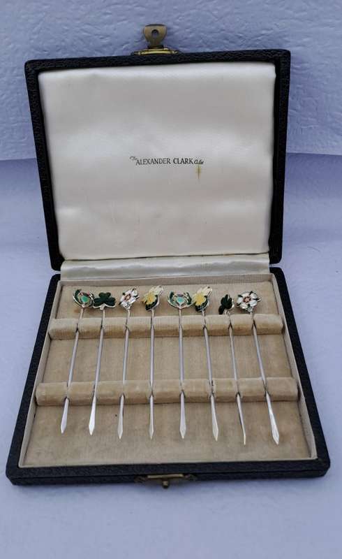 Antique SILVER and Enamel set of Cocktail Sticks