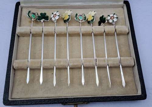 Antique SILVER and Enamel set of Cocktail Sticks