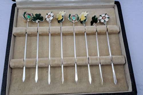 Antique SILVER and Enamel set of Cocktail Sticks
