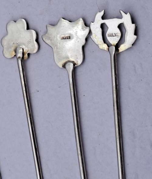 Antique SILVER and Enamel set of Cocktail Sticks
