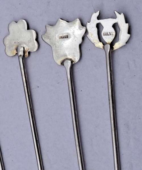 Antique SILVER and Enamel set of Cocktail Sticks
