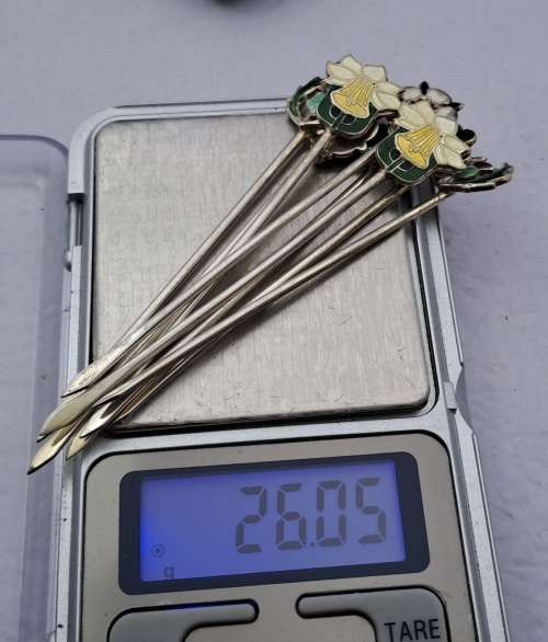 Antique SILVER and Enamel set of Cocktail Sticks