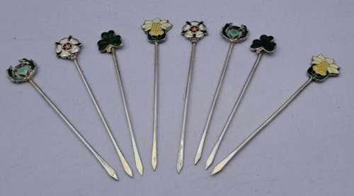 Antique SILVER and Enamel set of Cocktail Sticks