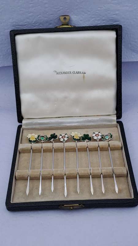 Antique SILVER and Enamel set of Cocktail Sticks