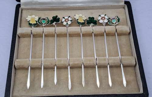 Antique SILVER and Enamel set of Cocktail Sticks
