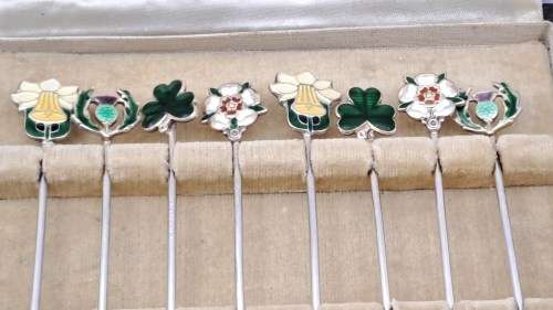 Antique SILVER and Enamel set of Cocktail Sticks