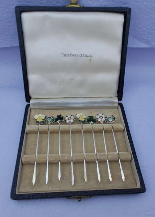 Antique SILVER and Enamel set of Cocktail Sticks