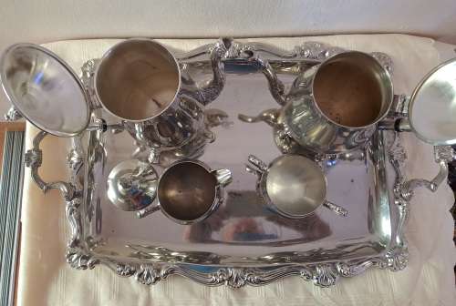 5 pc Antique /Vintage EPNS silver plated set Tray,Coffee pot, Teapot sugar bowl and Creamer