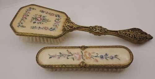 Pair of Vintage Embroidered Brass dressing Table brushes