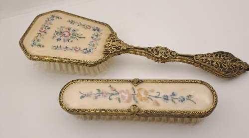 Pair of Vintage Embroidered Brass dressing Table brushes