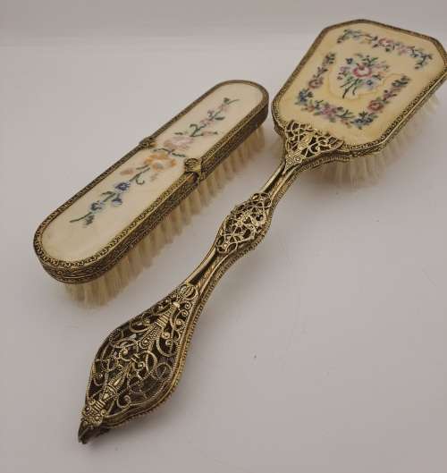 Pair of Vintage Embroidered Brass dressing Table brushes