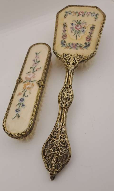 Pair of Vintage Embroidered Brass dressing Table brushes