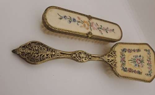 Pair of Vintage Embroidered Brass dressing Table brushes