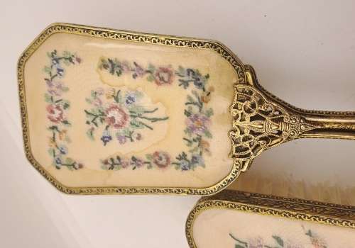Pair of Vintage Embroidered Brass dressing Table brushes