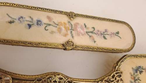 Pair of Vintage Embroidered Brass dressing Table brushes