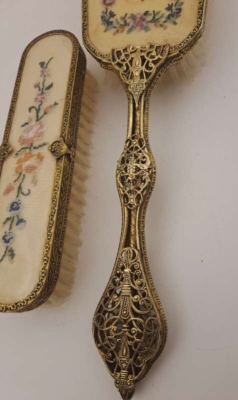 Pair of Vintage Embroidered Brass dressing Table brushes