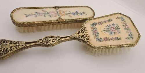 Pair of Vintage Embroidered Brass dressing Table brushes