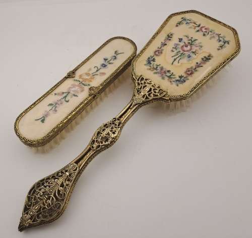 Pair of Vintage Embroidered Brass dressing Table brushes