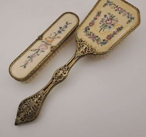 Pair of Vintage Embroidered Brass dressing Table brushes