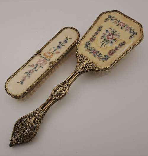 Pair of Vintage Embroidered Brass dressing Table brushes