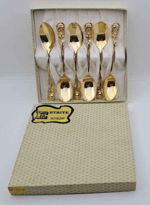 6 x 24ct Gold Plated Eetrite Braber Teaspoons still in Box 130mm