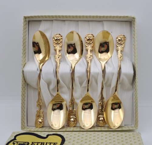 6 x 24ct Gold Plated Eetrite Braber Teaspoons still in Box 130mm