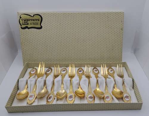 12pc - 24ct Gold Plated Eetrite Tea spoons and Cake forks in box 130mm(Nice with Royal Albert)