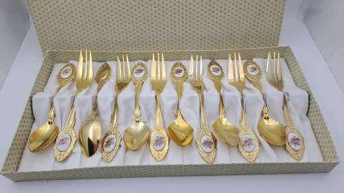 12pc - 24ct Gold Plated Eetrite Tea spoons and Cake forks in box 130mm(Nice with Royal Albert)