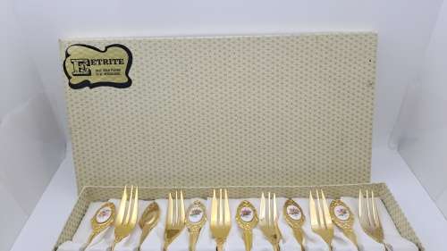 12pc - 24ct Gold Plated Eetrite Tea spoons and Cake forks in box 130mm(Nice with Royal Albert)