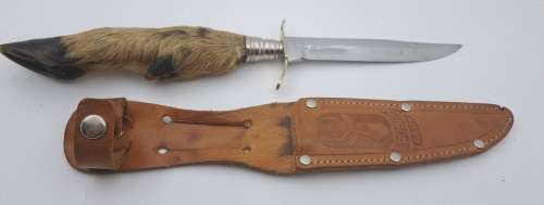 Vintage German Made Solingin knife with deer foot handle in Leather sheath (Krugerpark )