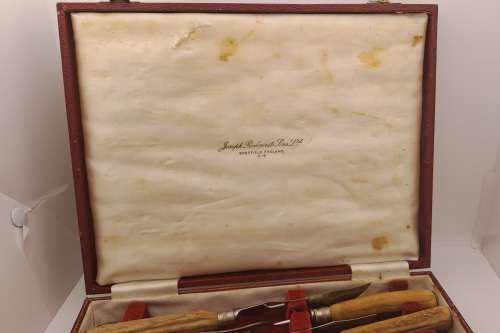 Antique 12pc Joseph Rodgers Staghorn Handle Steak Knife and forks -Boxed see condition