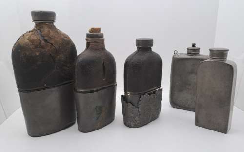 Collection of Antique 1800`s Hip Flasks -3x leather clad glass & pewter and 2 pewter Hip Flask