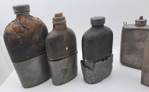 Collection of Antique 1800`s Hip Flasks -3x leather clad glass & pewter and 2 pewter Hip Flask