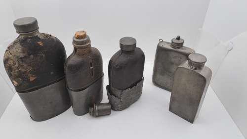 Collection of Antique 1800`s Hip Flasks -3x leather clad glass & pewter and 2 pewter Hip Flask