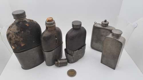 Collection of Antique 1800`s Hip Flasks -3x leather clad glass & pewter and 2 pewter Hip Flask
