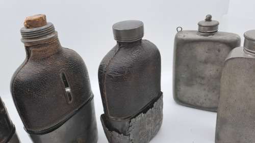 Collection of Antique 1800`s Hip Flasks -3x leather clad glass & pewter and 2 pewter Hip Flask