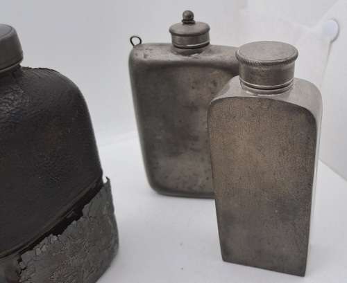 Collection of Antique 1800`s Hip Flasks -3x leather clad glass & pewter and 2 pewter Hip Flask