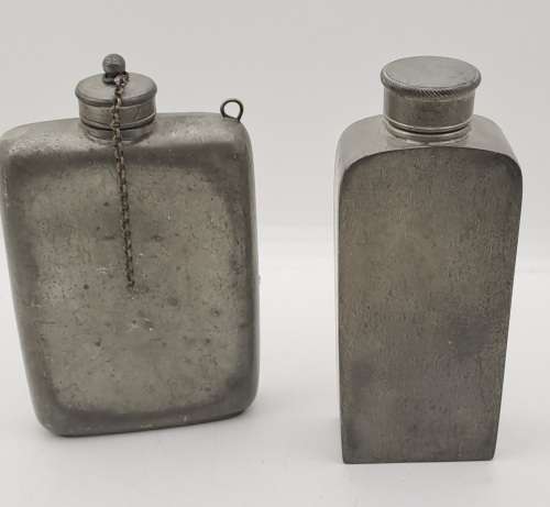 Collection of Antique 1800`s Hip Flasks -3x leather clad glass & pewter and 2 pewter Hip Flask