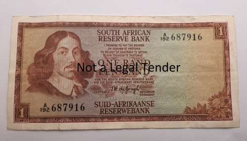 T.W de Jongh South African R1 Note -A192-Springbok Watermark