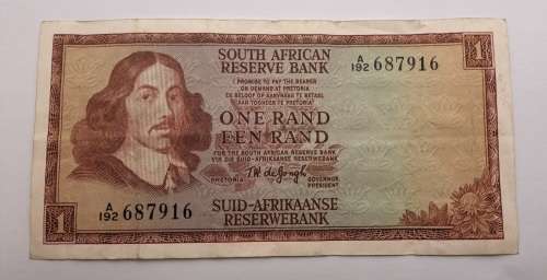 T.W de Jongh South African R1 Note -A192-Springbok Watermark