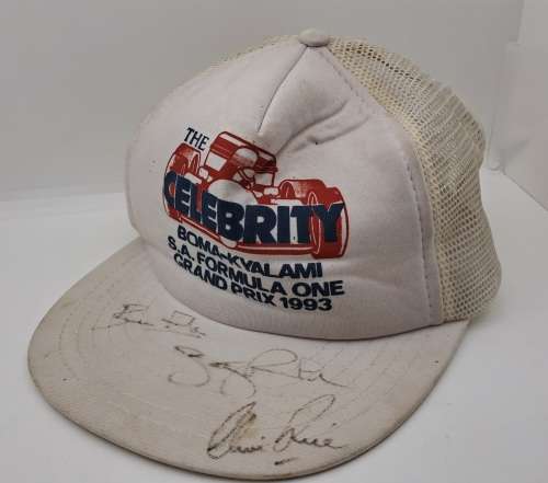Signed 1993 Celebrity S.A Formula One Grand Prix Cap by Jonty Rhodes.Clive Rice and Bruce Fordyce-